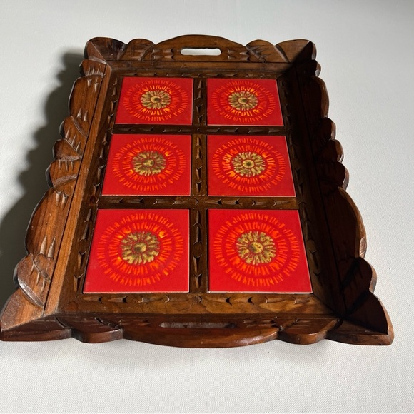 Vintage Handmade Ornate Wood Tray W Mexican Talavera Ceramic Red Tile MCM - Picture 4 of 6